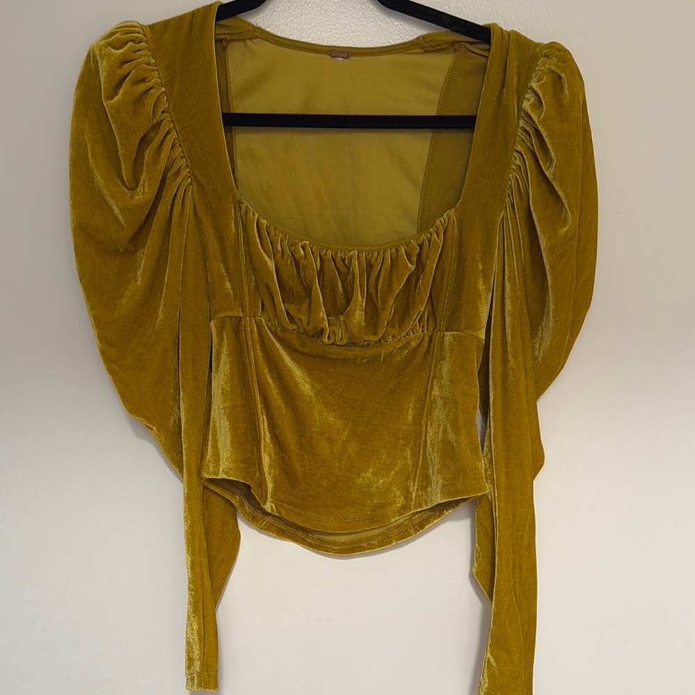 Free People Yellow Puff Sleeve Blouse with Ruched Tie Front